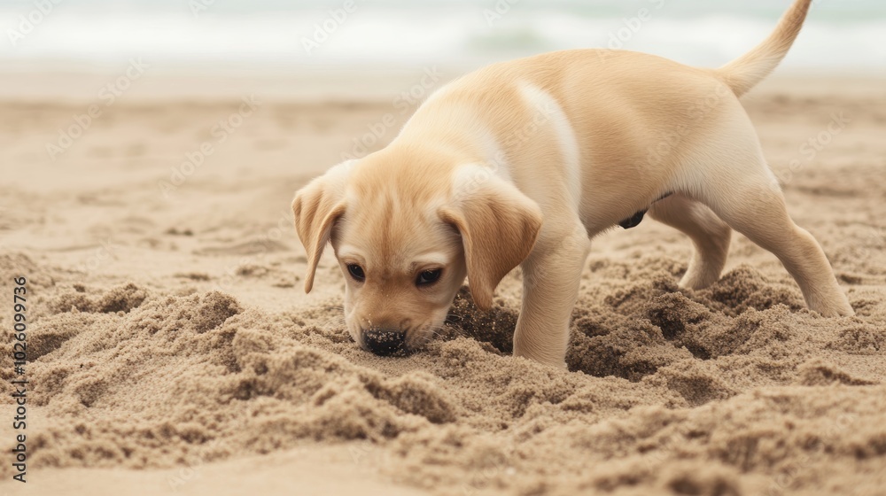 Adorable Labrador Puppy Digging in Sand at the Beach Adorable Labrador Puppy Digging in Sand at the Beach