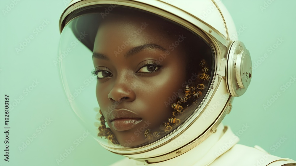 Portrait of a woman in a space helmet with bees inside, creating a surreal composition Portrait of a woman in a space helmet with bees inside, creating a surreal composition