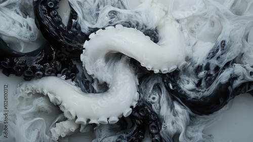 Abstract black and white tentacles intertwine in a swirling motion, creating a sense of fluidity and mystery, with deep contrasts bringing the image to life. photo