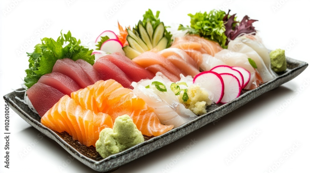 Platter of sashimi-grade fish artfully arranged with bright wasabi and delicate radish decorations, perfect for a gourmet food banner. Platter of sashimi-grade fish artfully arranged with bright wasabi and delicate radish decorations, perfect for a gourmet food banner.
