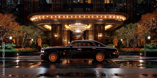 An elegant luxury car parked in front of an opulently illuminated hotel entrance with lush greenery and warm lights, showcasing architectural brilliance photo