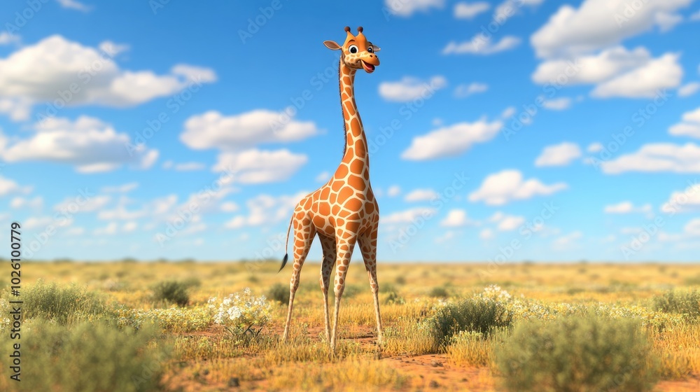 Obraz premium A 3D animated cartoon giraffe with exaggerated long legs and a playful smile, standing tall in a colorful savanna.