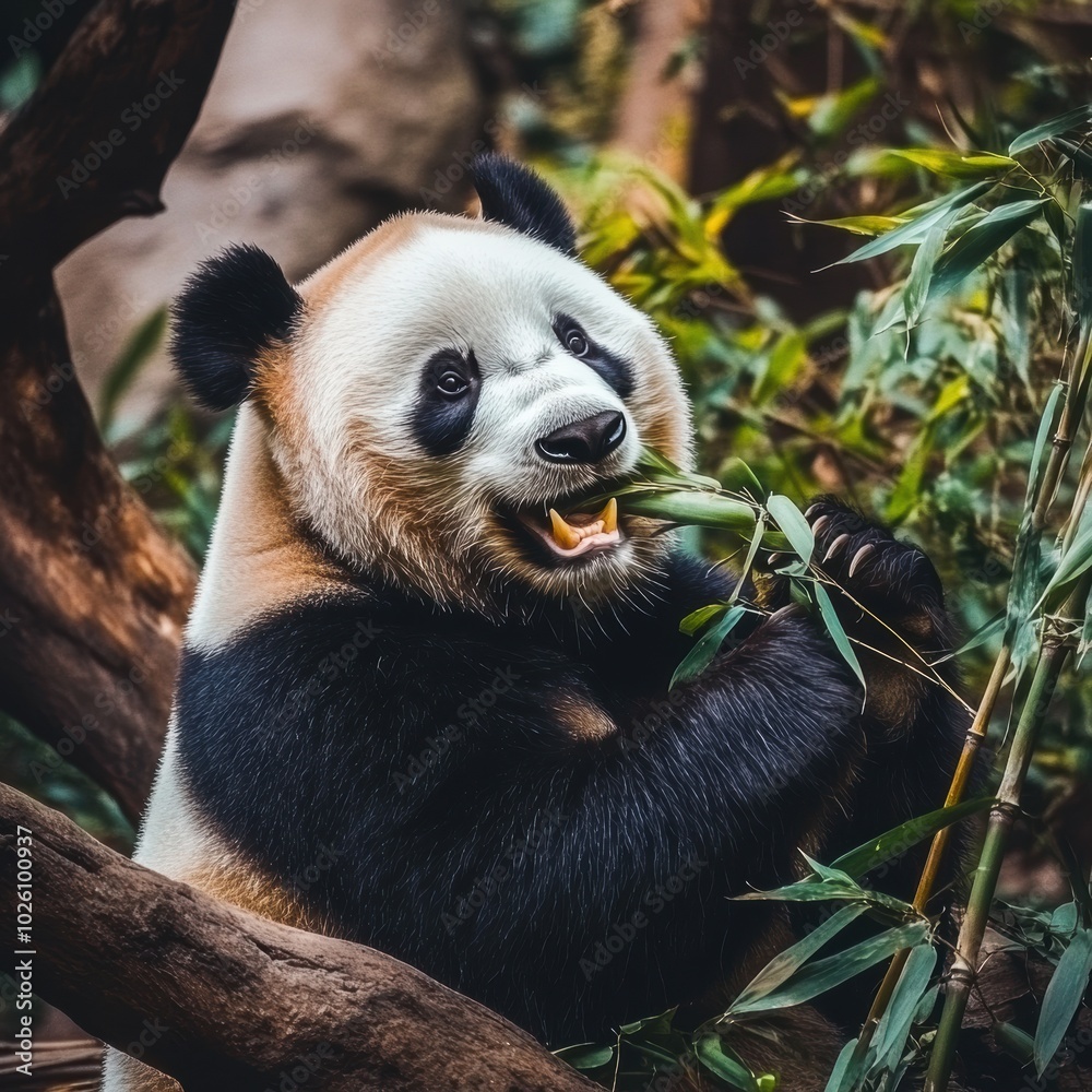 Fototapeta premium Panda Bear Munching Bamboo with a Joyful Expression