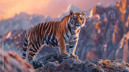 Majestic tiger, perched atop a craggy mountain peak, bathed in the golden hues of dawn.  AI Generated photo