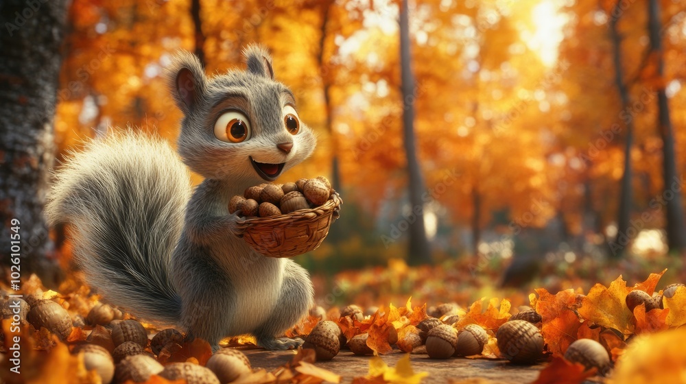 A curious 3D animated cartoon squirrel gathering acorns, with a fluffy tail and big, round eyes. A curious 3D animated cartoon squirrel gathering acorns, with a fluffy tail and big, round eyes.