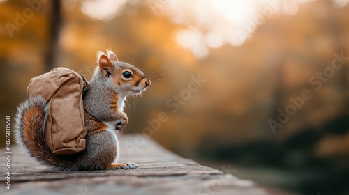 A small squirrel wearing a backpack sits adventurously on a wooden path in a forest, embodying exploration and the simplicity of natural joys. photo