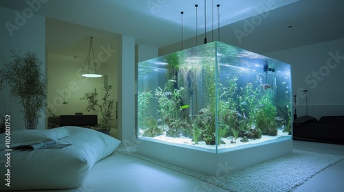 Transparent cube aquarium in a serene white room  showcasing luminous bioluminescent fish and otherworldly plants  creating an enchanting living art display.