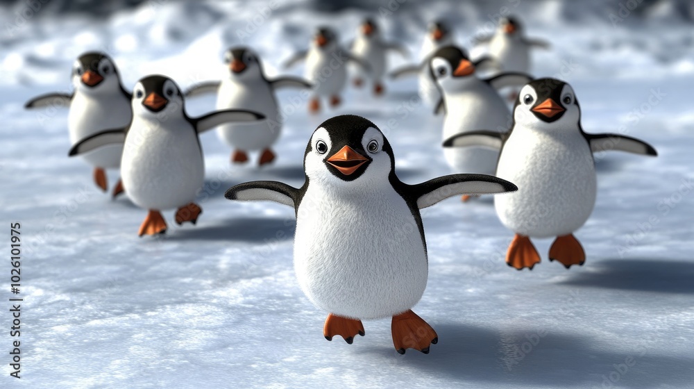Fototapeta premium A group of 3D animated cartoon penguins sliding on ice, laughing and playing, with bright eyes and smooth, shiny feathers.