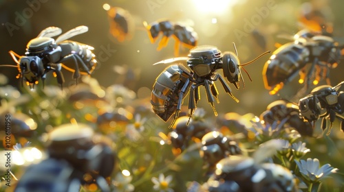 Robotic Bees Swarming in a Sunlit Garden photo