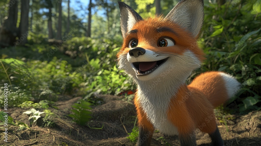 A high-resolution 3D animated cartoon image of a mischievous fox grinning while sneaking through the forest.