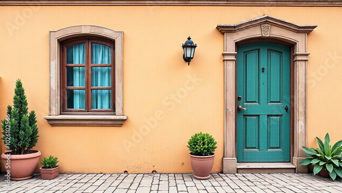 Colored wall, window, and door of a spanish villa vector, clean lines, coloring page style