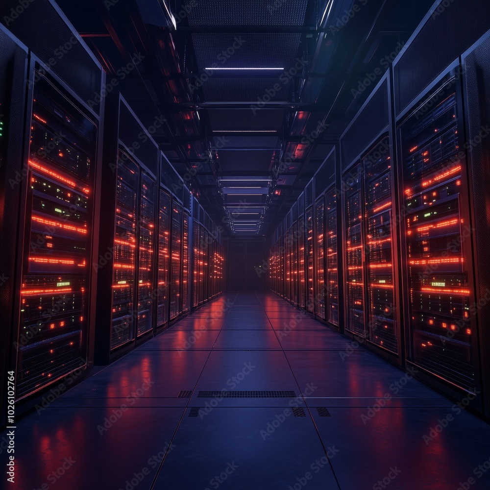 Expansive Data Center with Rows of Illuminated Server Racks in a Futuristic Setting