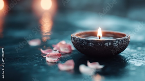 A small decorative bowl holds a lit candle surrounded by delicate pink petals, set on a reflective surface, evoking feelings of peace and contemplation. photo