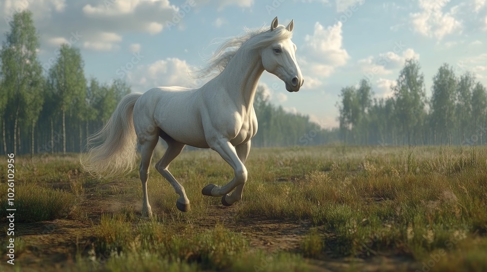 A majestic 3D-rendered horse galloping through a field, with flowing mane and muscular definition in high detail. A majestic 3D-rendered horse galloping through a field, with flowing mane and muscular definition in high detail.