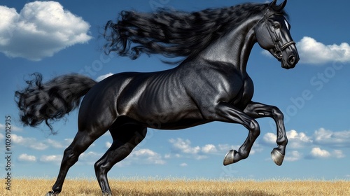 A majestic 3D-rendered horse galloping through a field, with flowing mane and muscular definition in high detail.