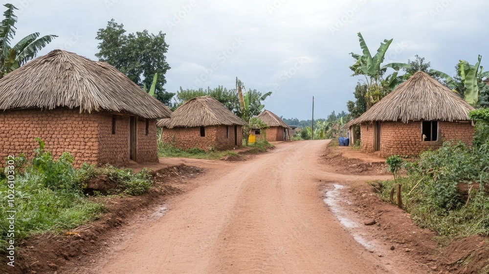 Serene Rural Village Scene with Earthen Huts Serene Rural Village Scene with Earthen Huts