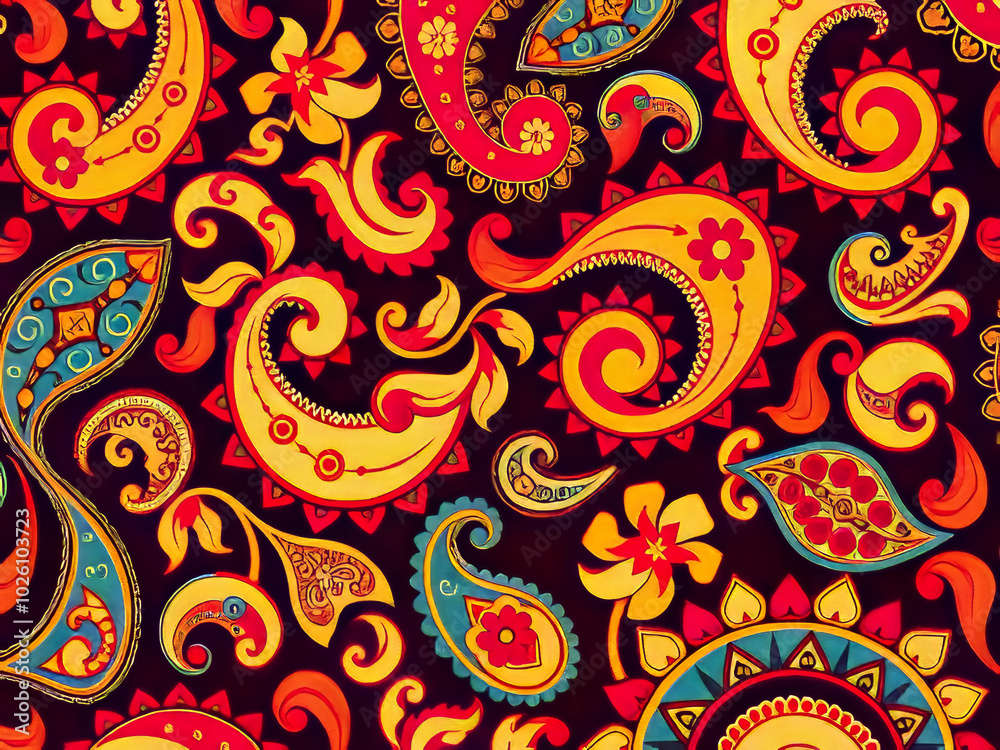A colorful paisley patterned fabric with flowers and swirls. The colors are bright and bold, creating a lively and energetic mood