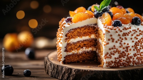 A delectable cake comprising layers of cake and whipped cream, topped with fresh fruits and berries, beautifully presented on a rustic wooden surface.