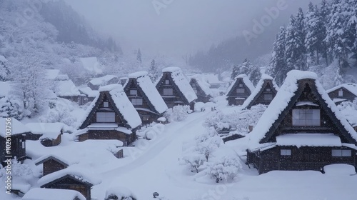 A quaint village nestled amidst snowy mountain slopes, with traditional thatched-roof houses covered in white.