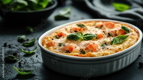 A delicious baked dish featuring a rich, cheesy topping adorned with fresh tomatoes and fragrant basil leaves, providing a mouth-watering culinary delight.