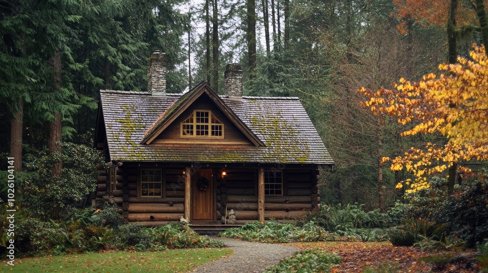 Cozy Log Cabin Surrounded by Nature in Autumn