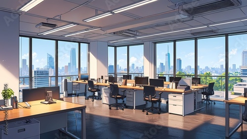 work space facing directly to the city  anime style