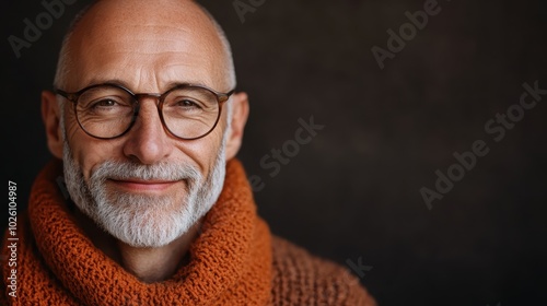 An elderly man dons a cozy orange scarf, smiles contentedly in a close-up portrait; his features reflect warmth, comfort, and a sense of enduring experience.