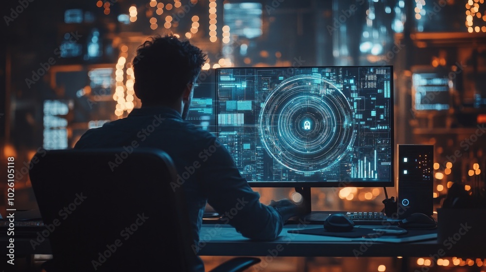 Concept of focus and concentration as the man works on his computer Concept of focus and concentration as the man works on his computer