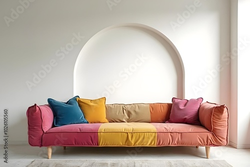 Japandi, minimalist interior design of modern living room. Colorful multicolored vibrant sofa against arched white wall