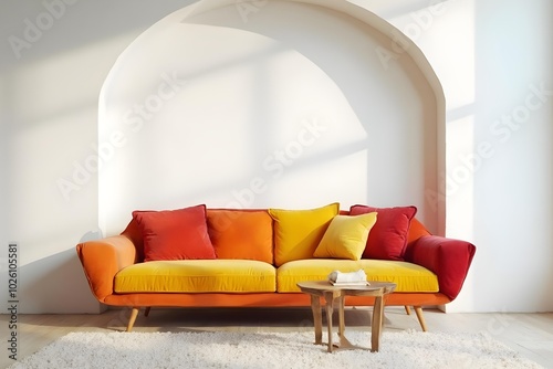 Japandi, minimalist interior design of modern living room. Colorful multicolored vibrant sofa against arched white wall