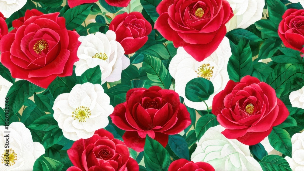 A vibrant arrangement of red and white roses with green leaves, creating a floral pattern. A vibrant arrangement of red and white roses with green leaves, creating a floral pattern.