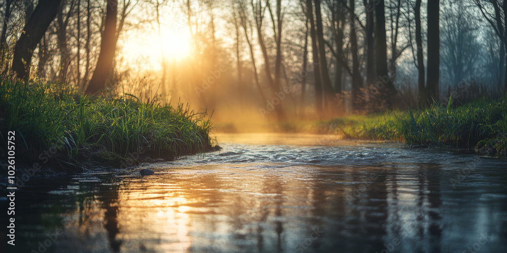 Fototapeta premium Gentle Sunlight on a Quiet River During Spring Sunrise