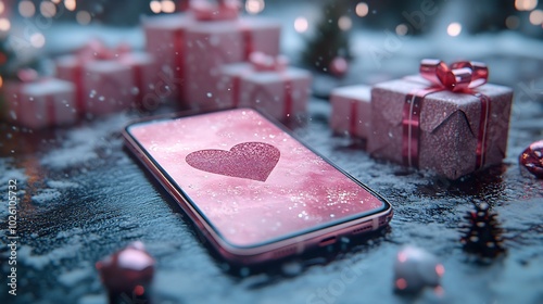 Valentines Daythemed smartphone mockup a heart shape on the screen and elegantly placed gift boxes around it 3D rendering for a modern and romantic look photo