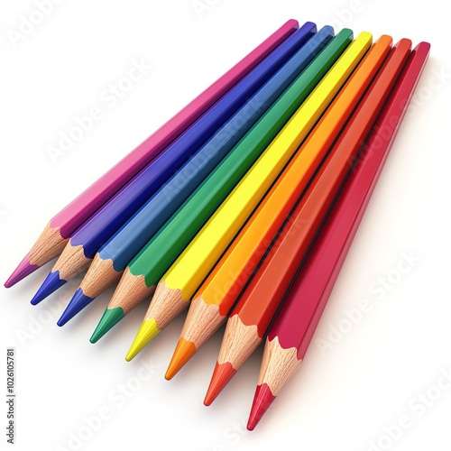 A vibrant array of colored pencils arranged in a rainbow pattern on a white background.