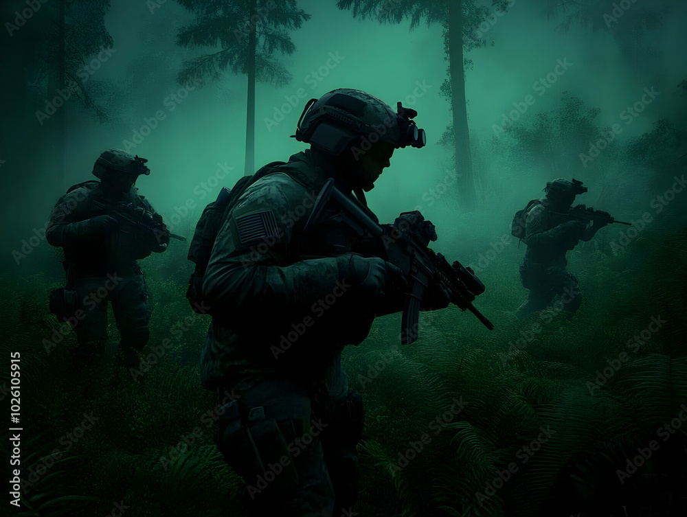 A group of soldiers using night-vision goggles to navigate a hostile forest, quietly moving toward an objective.
A group of soldiers using night-vision goggles to navigate a hostile forest, quietly moving toward an objective.