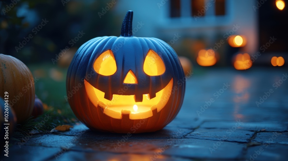 A beautifully carved pumpkin with a glowing candle inside serving as a traditional Halloween decoration, illuminating a pathway leading to a house in the evening A beautifully carved pumpkin with a glowing candle inside serving as a traditional Halloween decoration, illuminating a pathway leading to a house in the evening