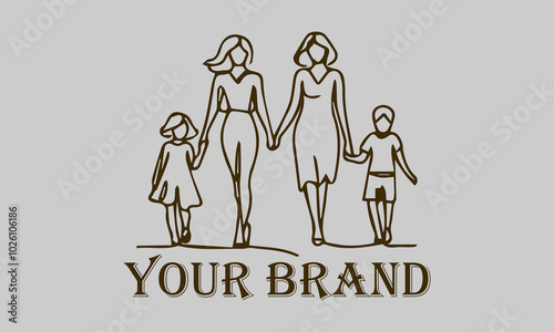 This continuous line illustration shows a family consisting of a father, mother and two small children walking happily together. The elegant minimalist art style with smooth lines creates a soft