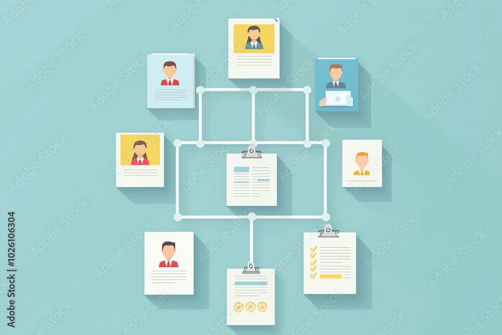 Organizational chart with team members' profiles and connections, flat design, white isolate background. Organizational chart with team members' profiles and connections, flat design, white isolate background.