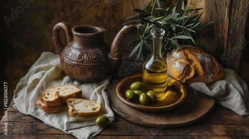 A rustic Mediterranean table with a small dish of extra virgin olive oil, freshly baked bread, and green olives