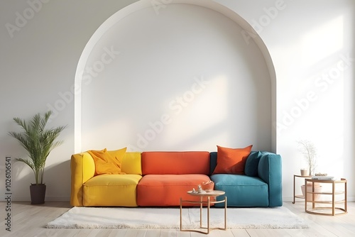 Japandi, minimalist interior design of modern living room. Colorful multicolored vibrant sofa against arched white wall