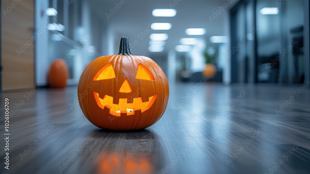 A brightly lit carved pumpkin with a traditional jack-o'-lantern face sits on a polished floor in a modern, well-lit office space during Halloween season A brightly lit carved pumpkin with a traditional jack-o'-lantern face sits on a polished floor in a modern, well-lit office space during Halloween season