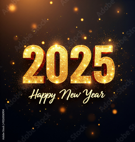 A vibrant celebratory design showcases the text '2025 Happy New Year' on a rich dark background adorned with sparkling gold accents._00001_