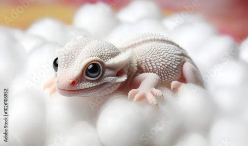 White baby gecko on white cotton ball brown background