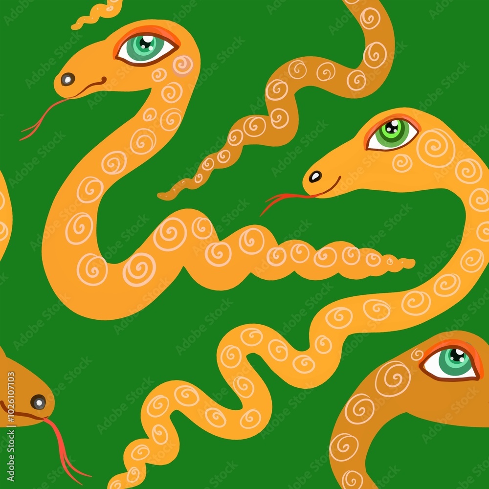 Naklejka premium snake on a green background abstract seamless endless repeat pattern fabric fashion design allover print wrapping paper digital illustration art texture textile wallpaper colorful apparel i