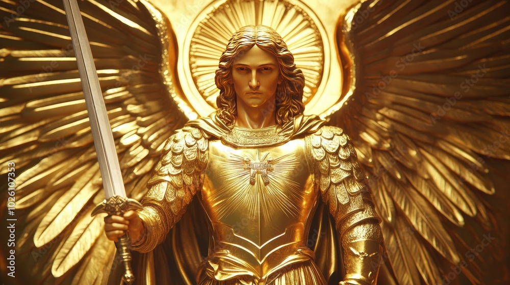 A golden icon of Saint Michael the Archangel, standing victorious with a sword, representing protection and divine justice in Christian theology. A golden icon of Saint Michael the Archangel, standing victorious with a sword, representing protection and divine justice in Christian theology.