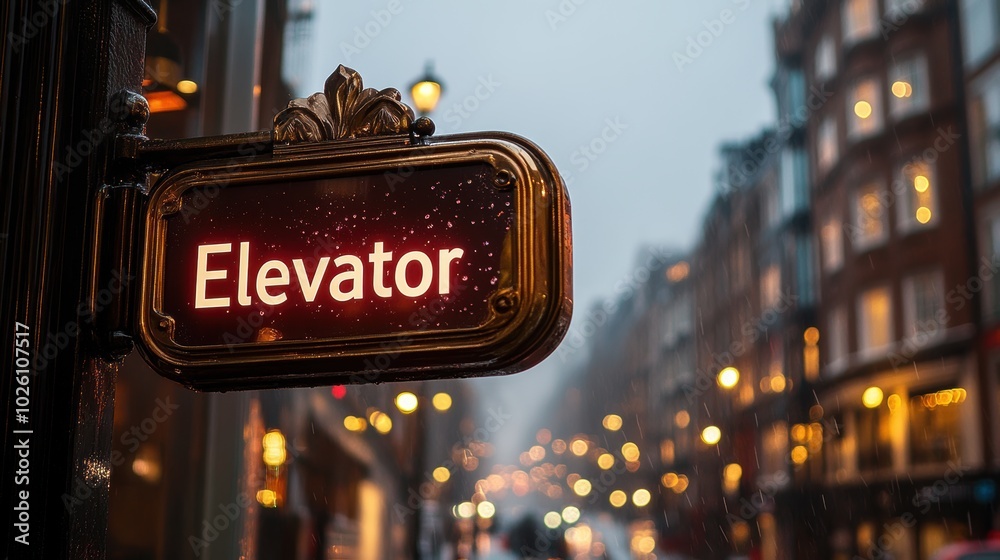 Obraz premium A vintage-style elevator sign illuminated at dusk amidst a bustling city street with blurred lights and historical buildings in the background, creating an enchanting urban scene