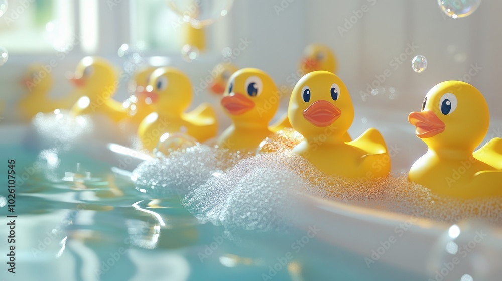 A group of yellow rubber ducks lined up in a bathtub, with bubbles and foam surrounding them. A group of yellow rubber ducks lined up in a bathtub, with bubbles and foam surrounding them.