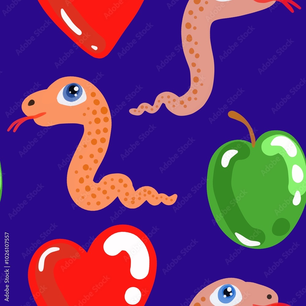 Naklejka premium snakes and hearts seamless abstract pattern background fabric fashion design print wrapping paper digital illustration art texture textile wallpaper colorful apparel image 