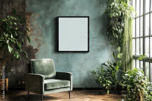 An empty frame of 50x70 size hanging on the wall in a corner with a single armchair in a house with a comfortable yet stylish furniture design photo