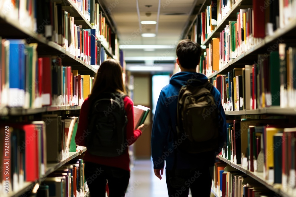 Two Students Walking Past Bookshelves in a Library Two Students Walking Past Bookshelves in a Library